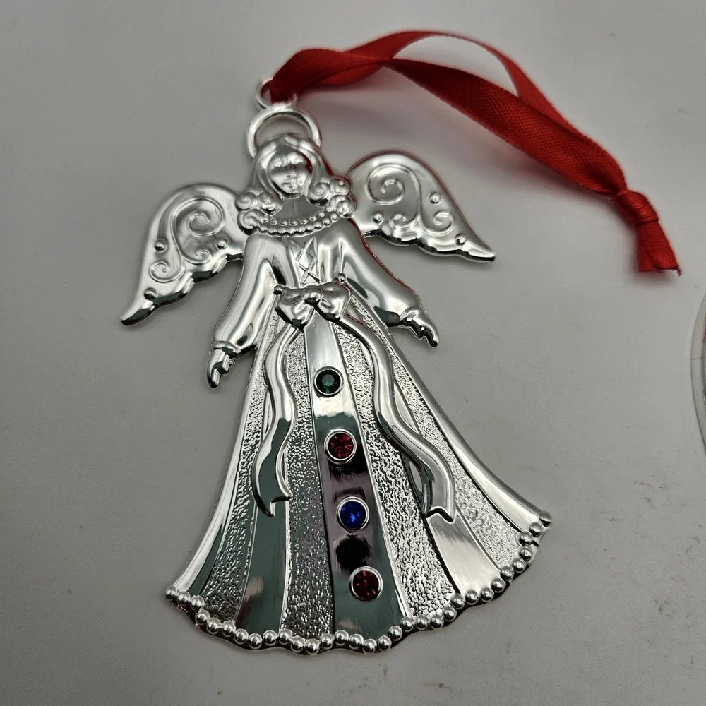 Lenox Silverplate Angel & Heart Hanging Ornaments Set of 2, Silver/Red Christmas